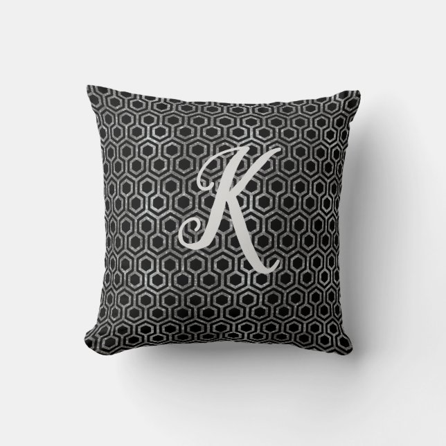 Monogram Black and Silver Glitzer Hexagon Kissen (Vorderseite)