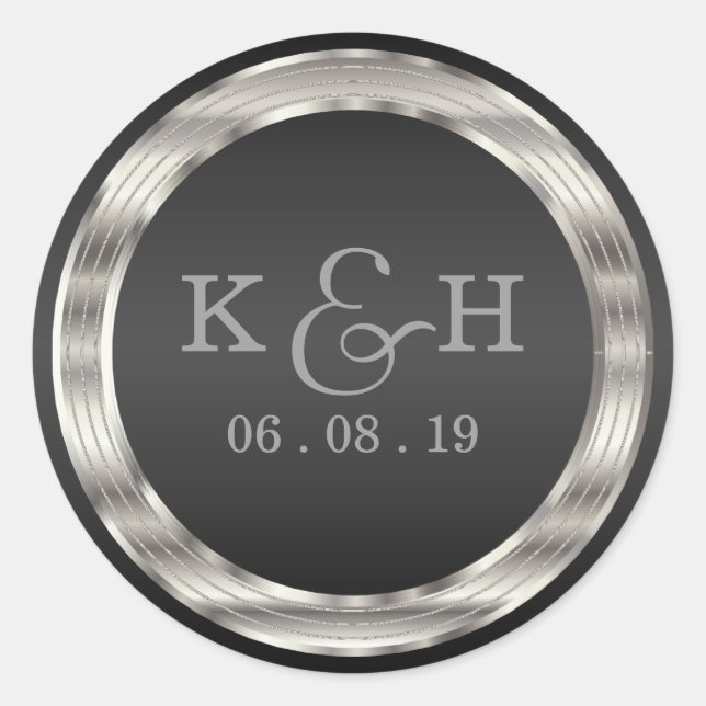 Monogram Black and Silver Metallic Round Labels Runder Aufkleber (Vorderseite)