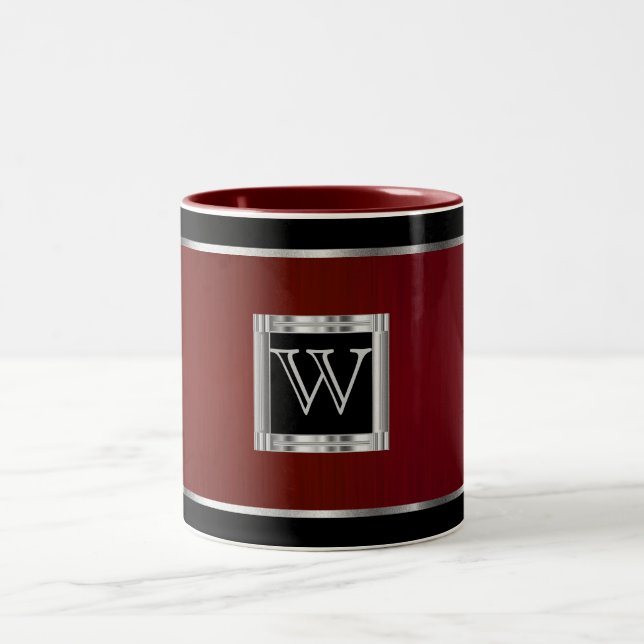 Monogram Black and Silver on Brush Maroon Zweifarbige Tasse (Mittel)