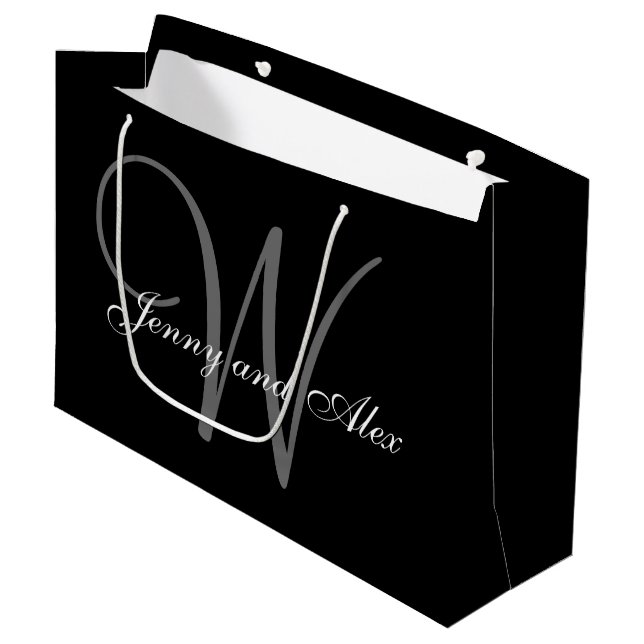 Monogram Black and Silver Wedding Große Geschenktüte (Vorderseite Schrägansicht)