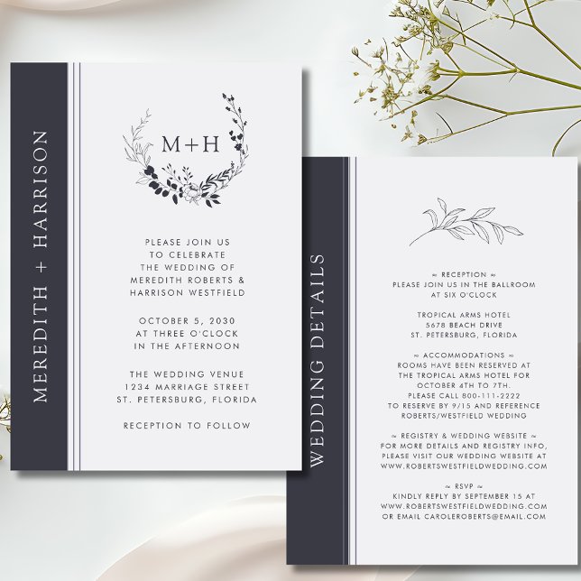 Monogram Black and White All in One Wedding Einladung (Monogram Black and White Inked Botanical All in One Details on Back Wedding Invitation)
