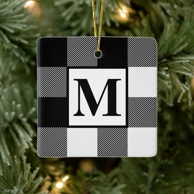 Monogram Black and White Buffalo Karierte Weihnach Keramikornament (Baum)