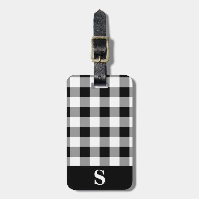 Monogram Black and White Gingham Gepäckanhänger (Vorderseite vertikal)