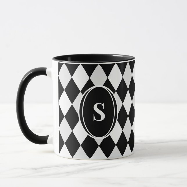Monogram Black and White Harlequin Diamond Pattern Tasse (Links)