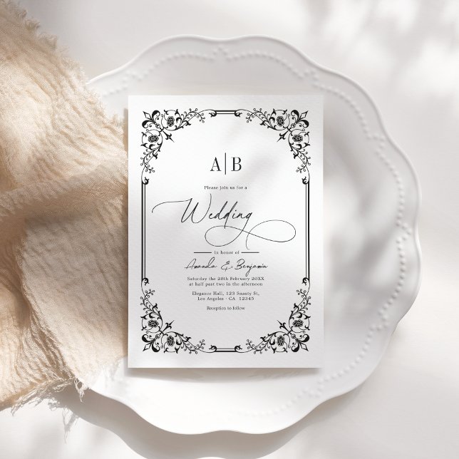 Monogram Black and White Wedding Foto und QR Code Einladung (Monogram Black and White Wedding Photo and QR Code Invitation)
