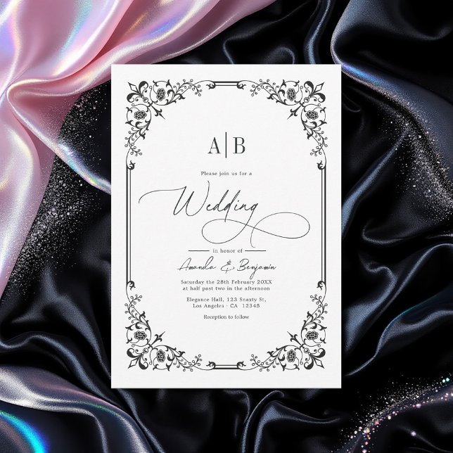 Monogram Black and White Wedding Foto und QR Code Einladung (Von Creator hochgeladen)
