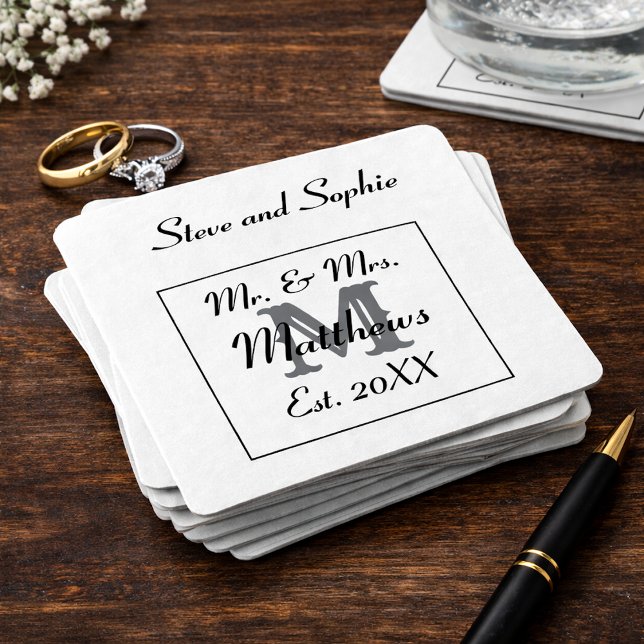 Monogram Black and White Wedding Names Rechteckiger Pappuntersetzer (Von Creator hochgeladen)