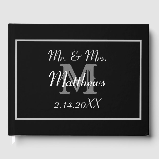 Monogram Black Bride Groom Date Hochzeit Gästebuch (Vorderseite)