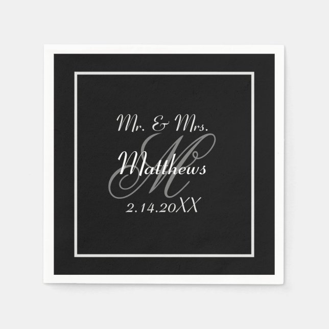 Monogram Black Bride Groom Date Hochzeit Serviette (Vorderseite)