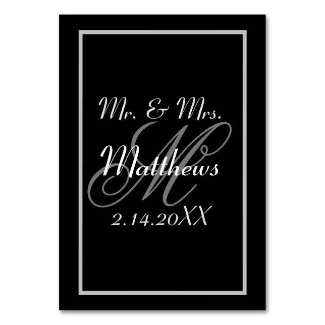 Monogram Black Bride Groom Date Hochzeit Tischnummer (Vorderseite)