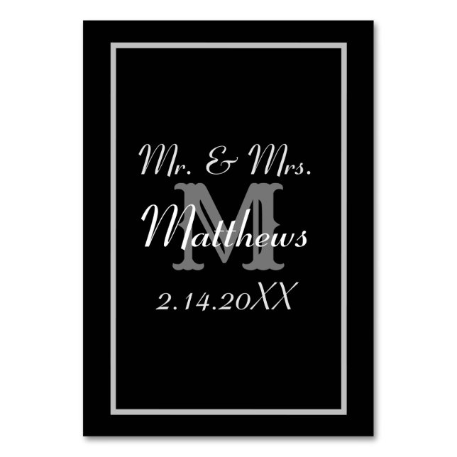 Monogram Black Bride Groom Date Hochzeit Tischnummer (Vorderseite)