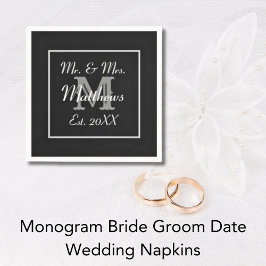 Monogram Black Bride Groom Date Wedding Paper Serviette
