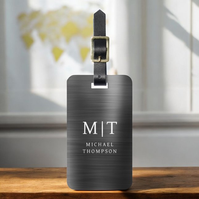 Monogram Black Brushed Metallic Elegant Gepäckanhänger (Von Creator hochgeladen)
