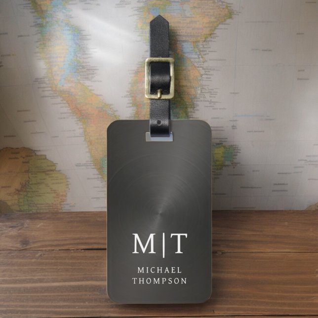 Monogram Black Brushed Metallic Elegant Gepäckanhänger (Von Creator hochgeladen)