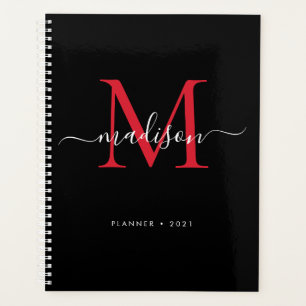Monogram Black Burgundy Girly Script Name 2021 Planer