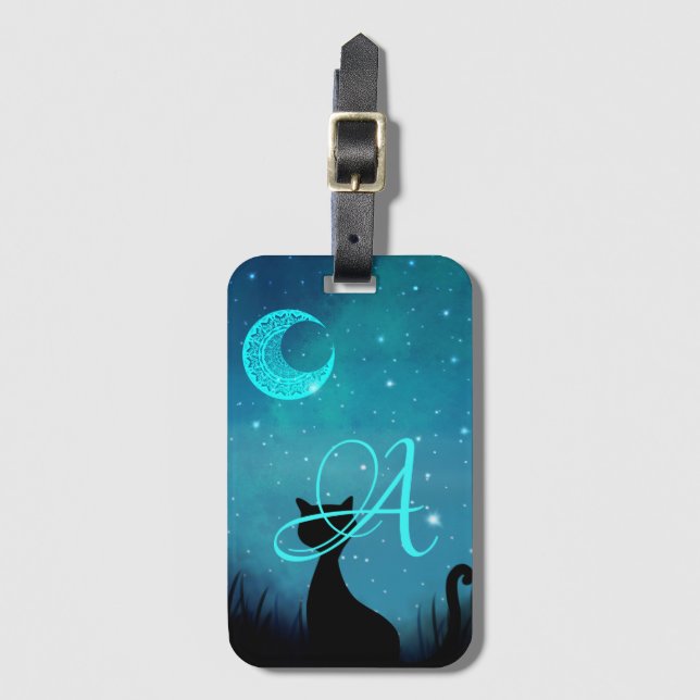 Monogram Black Cat Star Sky Illustration Gepäckanhänger (Vorderseite Vertikal)