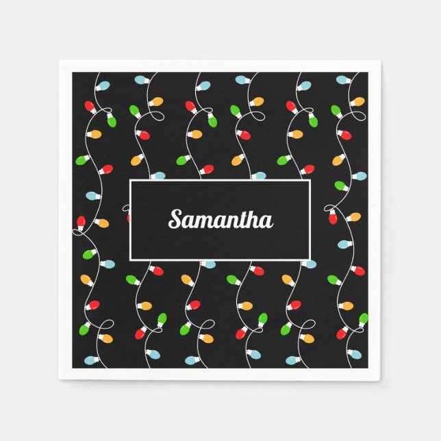Monogram Black Christmas Lights Serviette (Vorderseite)