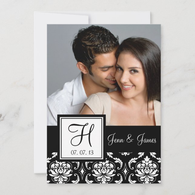 Monogram Black Damask Foto Save the Date (Vorderseite)