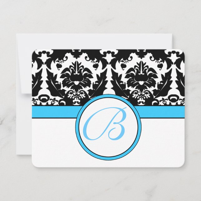 Monogram Black Damask mit Aquamariner Aqua Blue Tr RSVP Karte (Vorderseite)