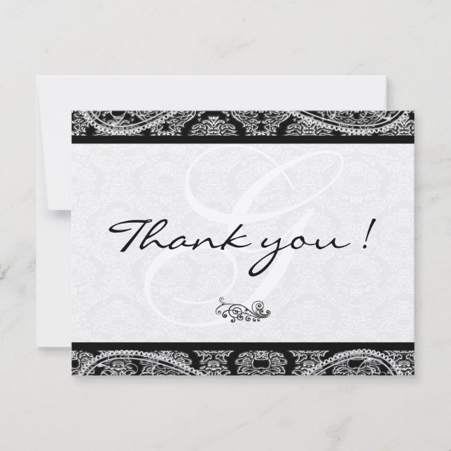 Monogram Black Damask Paisley Wedding Vielen Dank Dankeskarte (Vorderseite)