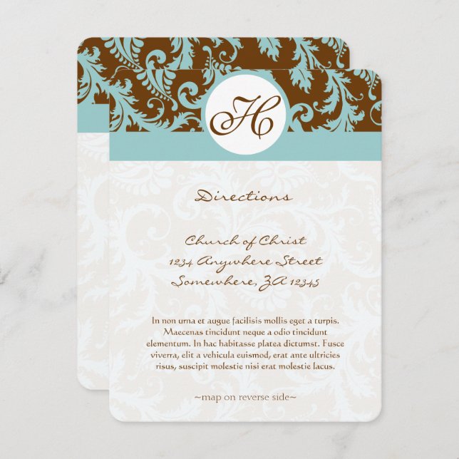 Monogram Black Damask Swirl Wedding Direction Card Einladung (Vorne/Hinten)