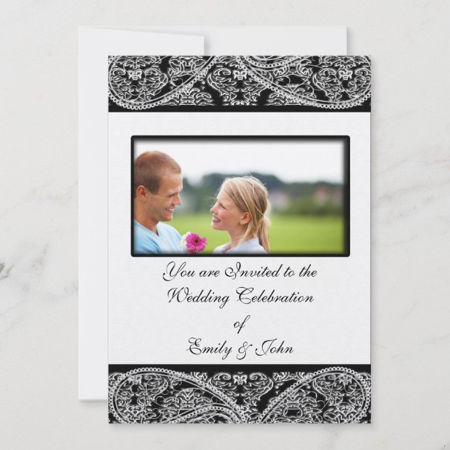 Monogram Black Damask Wedding Invitation Foto Einladung (Vorderseite)
