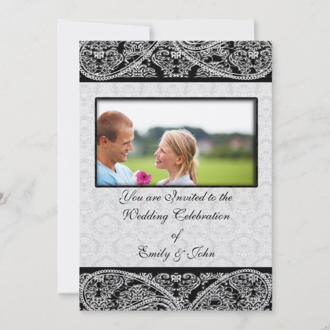 Monogram Black Damask Wedding Invitation Foto Einladung (Vorderseite)