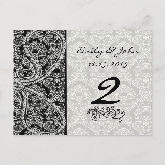 Monogram Black Damask Wedelkarten-Tischnummer Postkarte (Vorderseite)