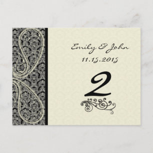 Monogram Black Damask Wedelkarten-Tischnummer Postkarte