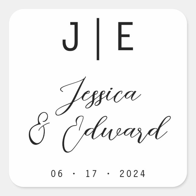 Monogram Black Elegant Script Couple Name Modern Quadratischer Aufkleber (Vorderseite)