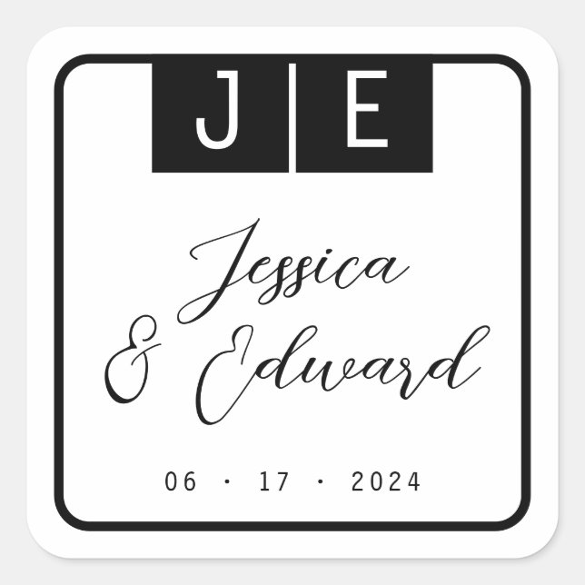 Monogram Black Elegant Script Couple Name Modern Quadratischer Aufkleber (Vorderseite)