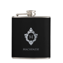 Monogram Black Elegant Vintages Wappen Grauer Name Flachmann