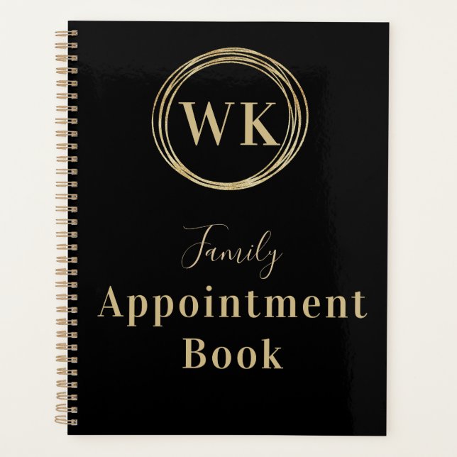 Monogram Black Gold Circle Family Terminkalender Planer (Vorderseite)