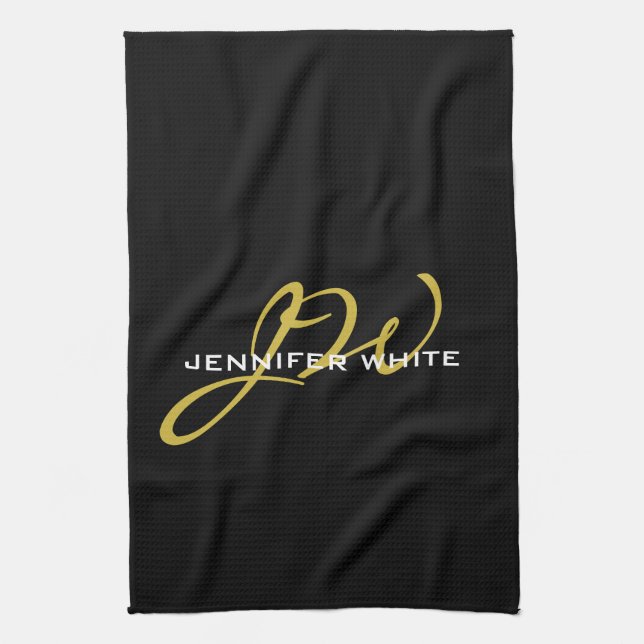 Monogram Black Gold Color Schlicht Moderner Name Geschirrtuch (Vertikal)