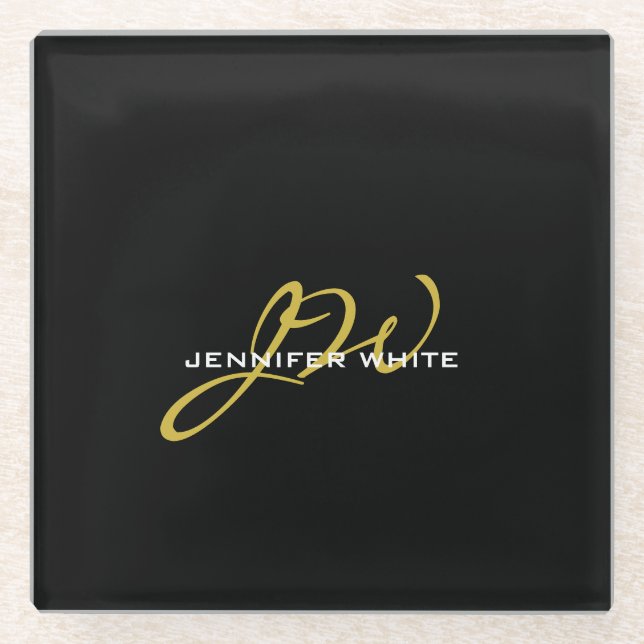 Monogram Black Gold Color Schlicht Moderner Name Glasuntersetzer (Vorderseite)