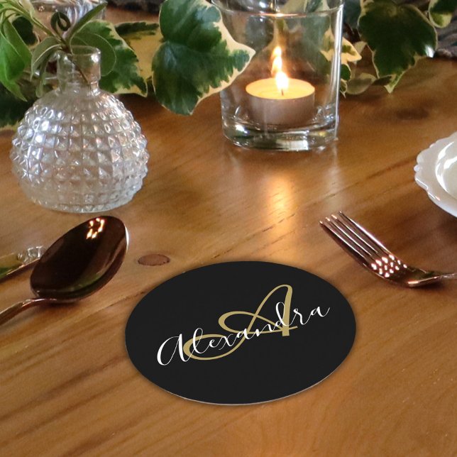 Monogram Black Gold Elegant Script Name Runder Pappuntersetzer (Monogram Black Gold Elegant Script Name Round Paper Coaster)