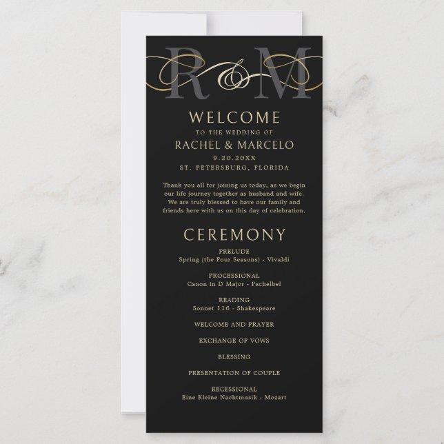 Monogram Black Gold Elegant Wedding Program (Vorderseite)