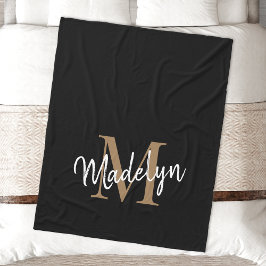Monogram Black Gold Elegante Feminine Chic Script Fleecedecke