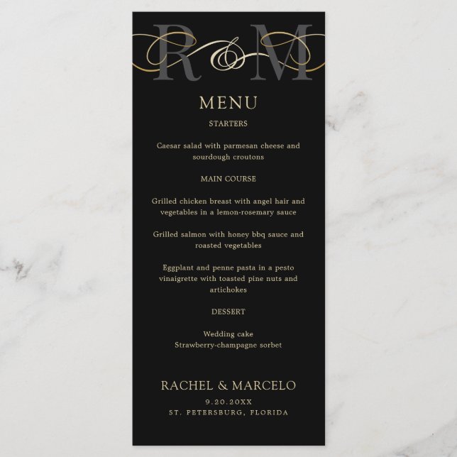 Monogram Black Gold Elegante Wedding Menu Menükarte (Vorderseite)