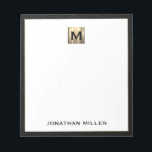 Monogram Black Gold Erstname Notizblock<br><div class="desc">Mit diesem mit Monogramm Notizblock mit klassischer Blocktypografie und einem schwarzen Lederdruckrahmen mit gebürstetem Goldmedaillionenmonogramm stärken Sie Ihr Schreibwarenspiel. Das Notizblock enthält Platz für Ihren Namen oder Ihren eigenen Text und ist somit ideal für den persönlichen oder beruflichen Gebrauch. Verwenden Sie es, um Noten, Ideen und Erinnerungen im Stil zu...</div>