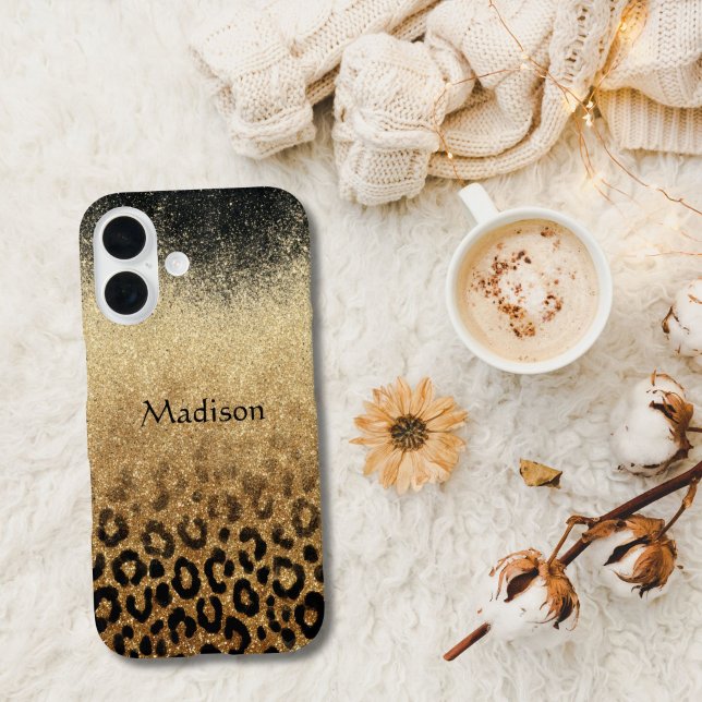 Monogram Black Gold Glitter Leopard Print Case-Mate iPhone Hülle (Black Gold Glitter iPhone case monogrammed with name or initials. Available in all current sizes)