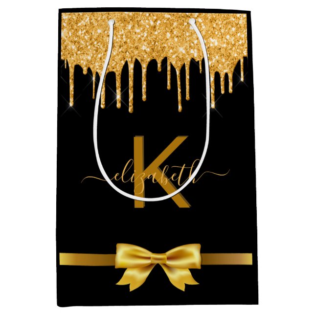 Monogram Black Gold Glitzer danke Ihnen Mittlere Geschenktüte (Vorderseite)
