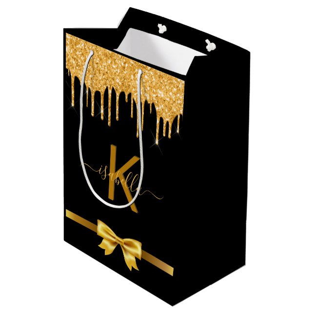 Monogram Black Gold Glitzer danke Ihnen Mittlere Geschenktüte (Rückseite Schrägansicht)