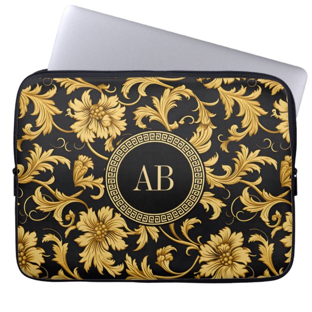 Monogram Black Gold Klasse Elegantes Muster Laptopschutzhülle (Vorderseite)