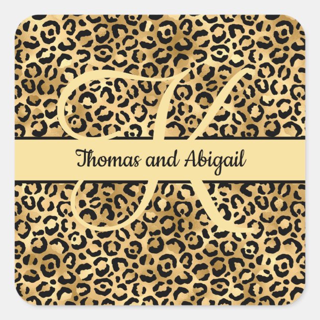 Monogram Black Gold Leopard Print Cheetah Animal Quadratischer Aufkleber (Vorderseite)