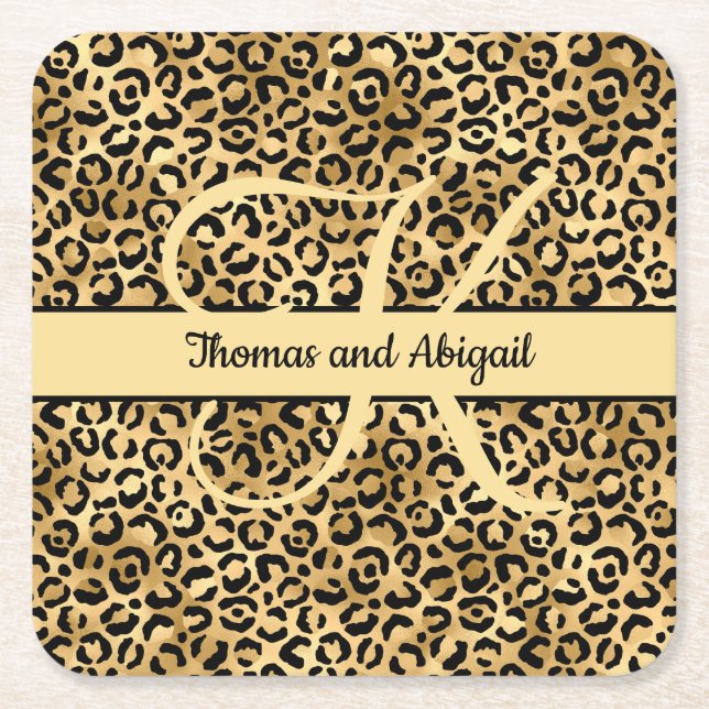 Monogram Black Gold Leopard Print Cheetah Animal Rechteckiger Pappuntersetzer (Vorderseite)