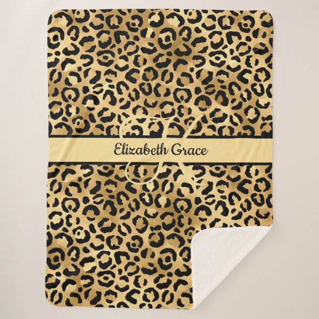 Monogram Black Gold Leopard Print Cheetah Animal Sherpadecke (Vorderseite)