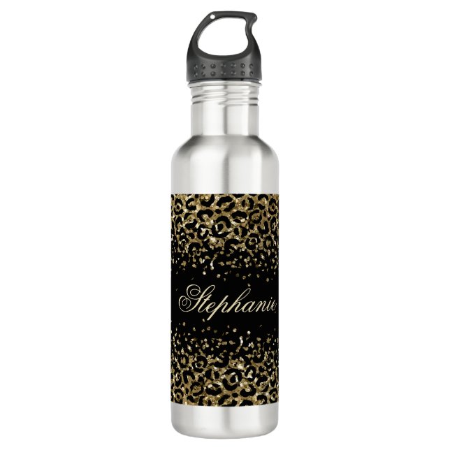 Monogram Black Gold Leopard Print Glitzer Overlay Edelstahlflasche (Vorderseite)