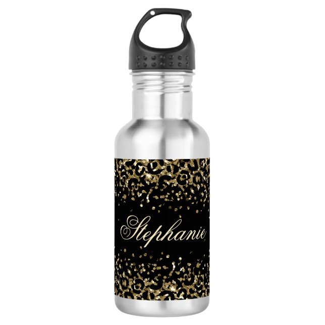 Monogram Black Gold Leopard Print Glitzer Overlay Edelstahlflasche (Vorderseite)