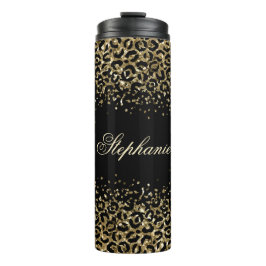 Monogram Black Gold Leopard Print Glitzer Overlay Thermosbecher
